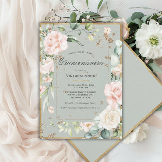Elegant Floral Sage Green Gold Quinceanera Einladung