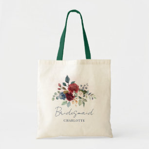 Elegant Floral Script Burgundy Wedding Bridesmaid Tragetasche