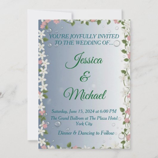 Elegant Floral Silver & Blue Wedding Invitation  Einladung (Vorderseite)