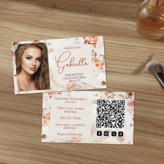 Elegant Floral Social Icon QR Code Photo Makeup Visitenkarte