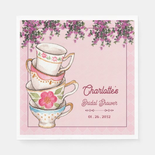 Elegant Floral Stacked Teacups Bridal Shower Party Serviette (Vorderseite)