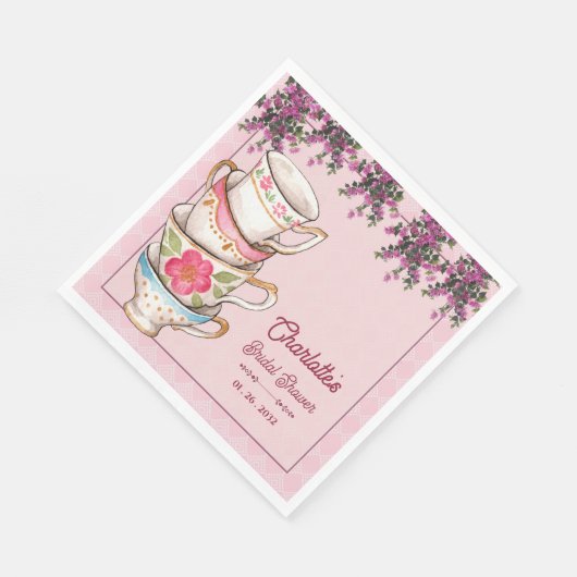 Elegant Floral Stacked Teacups Bridal Shower Party Serviette (Ecke)