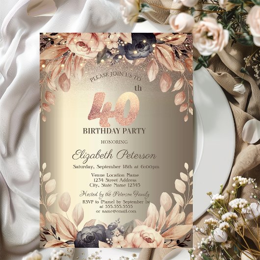Elegant floral,String Lights 40. Geburtstag Einladung