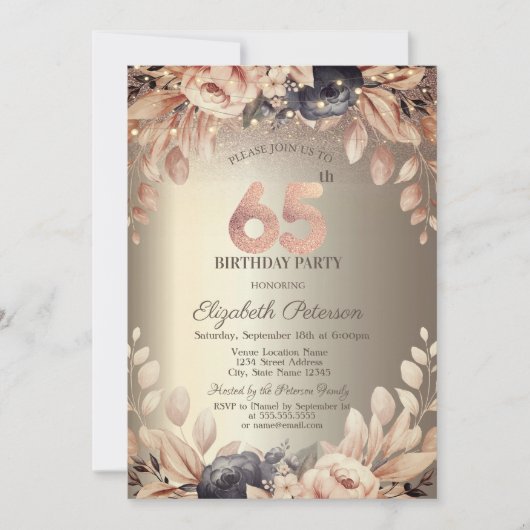 Elegant floral,String Lights 65. Geburtstag Einladung (Vorderseite)
