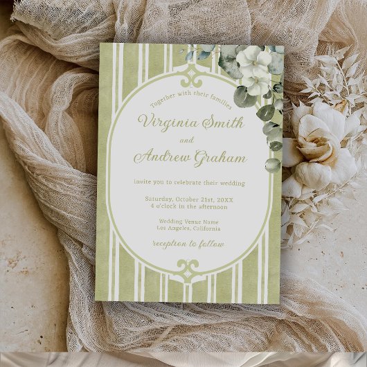 Elegant Floral Striped Green Wedding Einladung