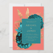 Elegant Floral Teal Blue Coral Gold Wedding Einladung (Vorderseite)