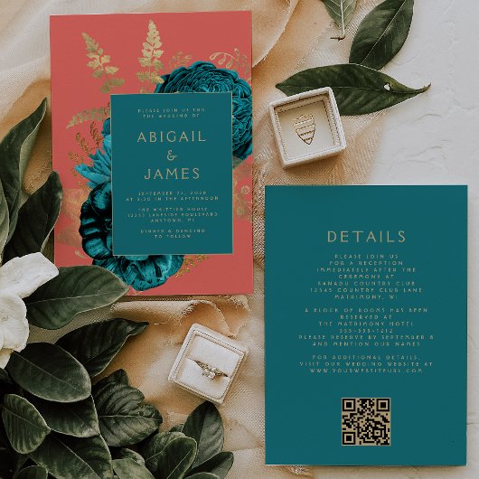Elegant Floral Teal Gold Coral QR Code Wedding Einladung