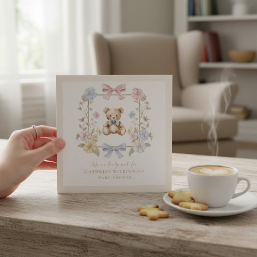 Elegant Floral Teddy  pastel  baby shower QR code Einladung