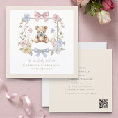 Elegant Floral Teddy pastel baby shower QR code Einladung