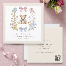 Elegant Floral Teddy  pastel  baby shower QR code Einladung
