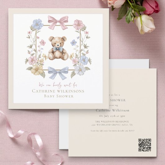 Elegant Floral Teddy pastel baby shower QR code Einladung