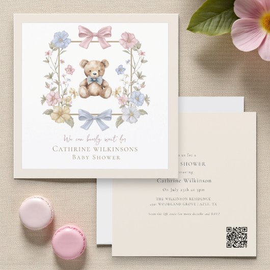 Elegant Floral Teddy pastel baby shower QR code Einladung