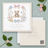 Elegant Floral Teddy pastel baby shower QR code Einladung