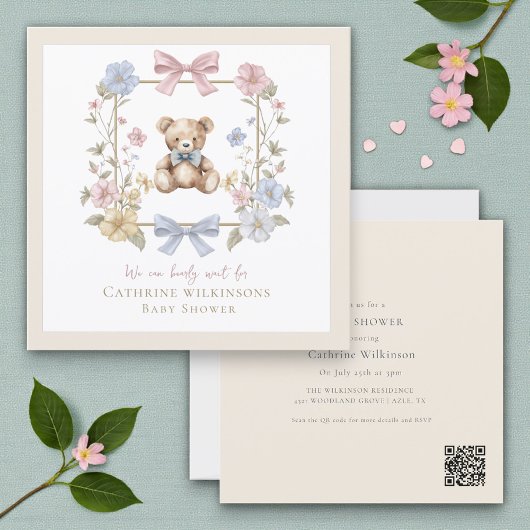 Elegant Floral Teddy pastel baby shower QR code Einladung