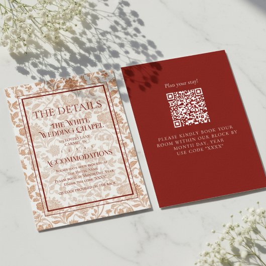 Elegant Floral Toile QR Code Wedding Details Begleitkarte