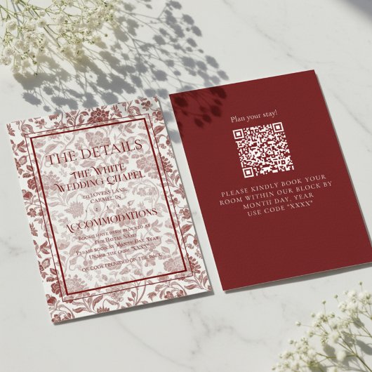 Elegant Floral Toile QR Code Wedding Details Begleitkarte