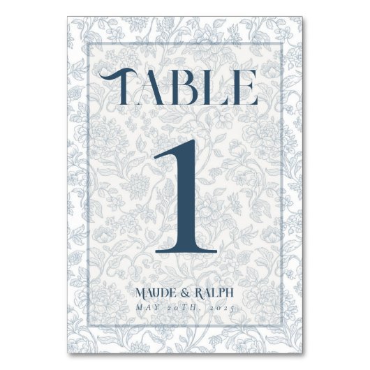 Elegant Floral Toile Script Blue Wedding Tischnummer (Rückseite)