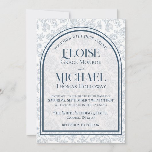 Elegant Floral Toile Script Monogram Blue Wedding Einladung (Vorderseite)