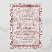 Elegant Floral Toile Script Monogram Red Wedding Folieneinladung (Vorderseite)
