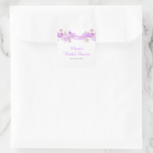 Elegant Floral Twist Bridal Shower in Purple Quadratischer Aufkleber (Tasche)