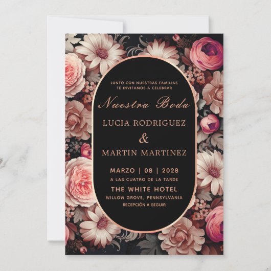 Elegant Floral und Black Nuestra Boda Einladung (Vorderseite)