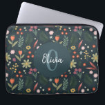 Elegant floral und modern monogram botanisch laptopschutzhülle<br><div class="desc">Dieses elegante und moderne Notebook-Ärmeldesign besticht durch niedliche orange,  grüne und blaue Blumen,  grüne botanische Pflanze und einen marineblau-blauen Hintergrund. Freuen Sie sich auf den Platz,  um einen Namen und eine Initiale in einem handgeschriebenen Schriftart hinzuzufügen. Das elegante,  farbenfrohe Monogramm-Geschenk für jeden Blume-Liebhaber.</div>