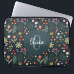 Elegant floral und modern monogram botanisch laptopschutzhülle<br><div class="desc">Dieses elegante und moderne Notebook-Ärmeldesign besticht durch niedliche orange,  grüne und blaue Blumen,  grüne botanische Pflanze und einen marineblau-blauen Hintergrund. Freuen Sie sich auf den Platz,  um einen Namen und eine Initiale in einem handgeschriebenen Schriftart hinzuzufügen. Das elegante,  farbenfrohe Monogramm-Geschenk für jeden Blume-Liebhaber.</div>