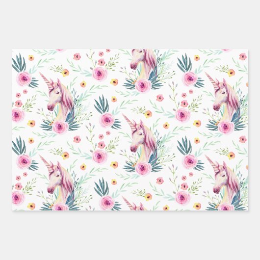 Elegant Floral Unicorn Geschenkpapier Set (Vorderseite)