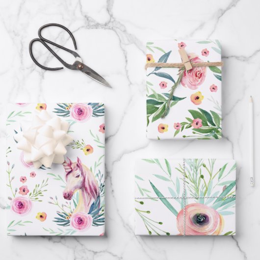 Elegant Floral Unicorn Geschenkpapier Set (Vorderseite)