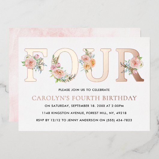 Elegant Floral VIUR 4. Geburtstag Real Folieneinladung (Vorderseite/Rückseite)
