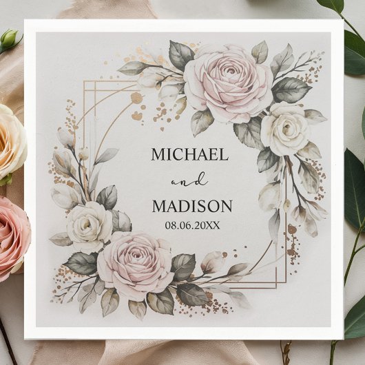 Elegant Floral Wedding Custom Names & Date Gold Serviette