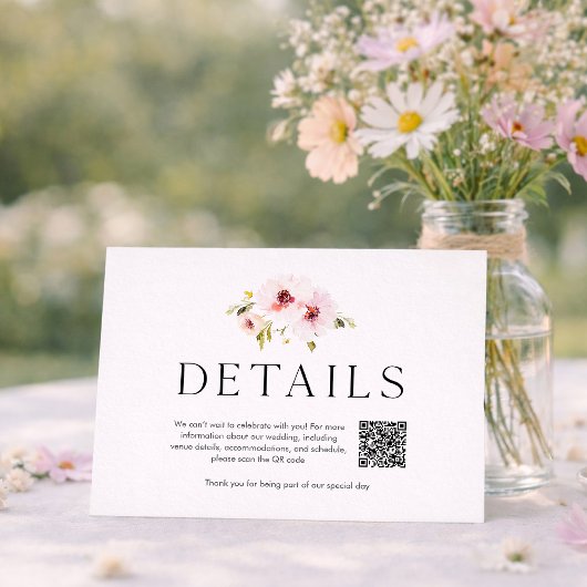 Elegant Floral Wedding Details Card with QR Code RSVP Karte