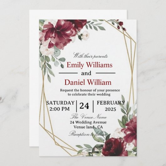 Elegant Floral Wedding Invitation Card Einladung (Vorne/Hinten)