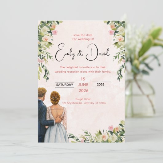 Elegant Floral Wedding Invitation Einladung (Stehend Vorderseite)