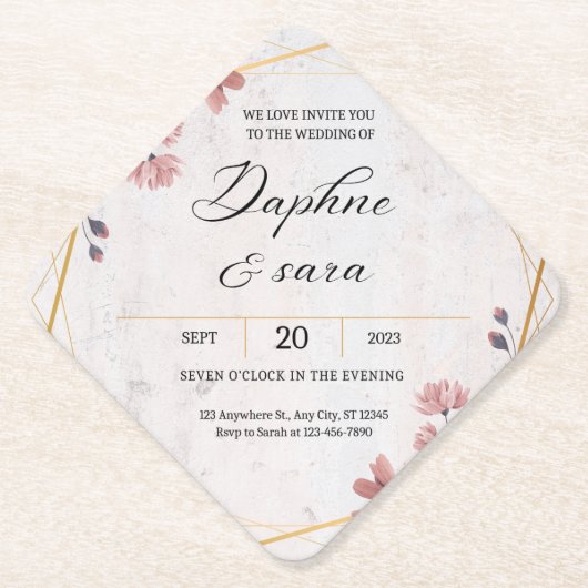 Elegant Floral Wedding Invitation – Geometric Gold Untersetzer (Vorderseite)