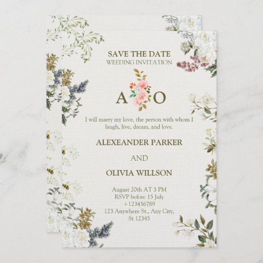 Elegant Floral Wedding Invitation – Modern CARD Einladung (Vorne/Hinten)