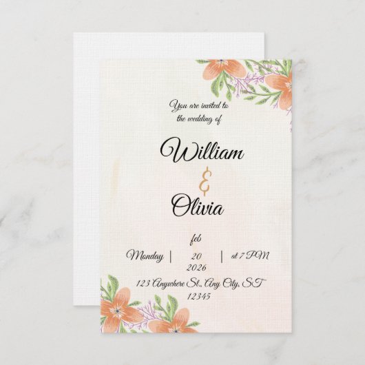 Elegant Floral Wedding Invitation | Peach & Green Einladung (Vorne/Hinten)