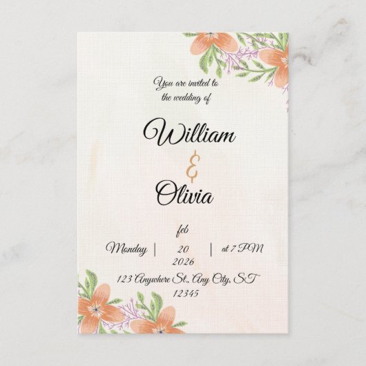 Elegant Floral Wedding Invitation | Peach & Green  Einladung (Vorderseite)
