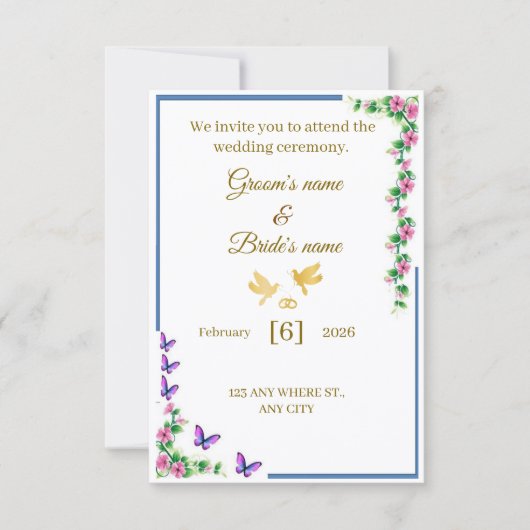 Elegant Floral Wedding Invitation with Butterflies Dankeskarte (Vorderseite)