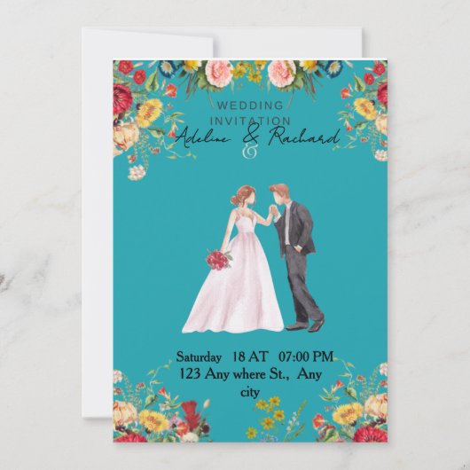 Elegant Floral Wedding Invitation with Couple Art Einladung (Vorderseite)