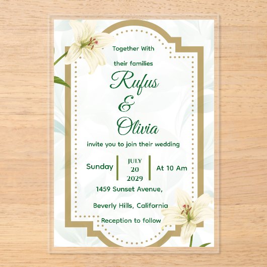 Elegant Floral Wedding Invitation with Gold Frame  Acryleinladungen (Vorderseite)