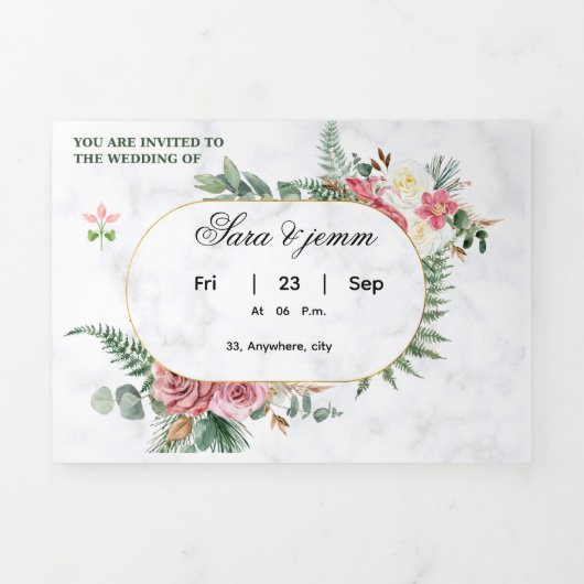 Elegant Floral Wedding Invitation with Gold Oval F Dreifach Gefaltete Einladung (Cover)