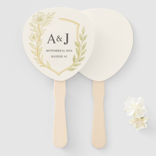 Elegant Floral Wedding Wappen Monogram Ivory Fächer (Vorne und Hinten)