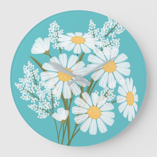 Elegant Floral White Daisies auf Aquamarin Große Wanduhr (Vorderseite)