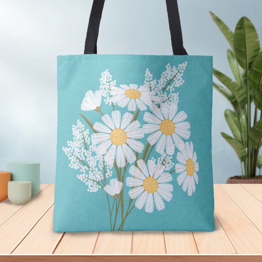 Elegant Floral White Daisies auf Aquamarin Tasche