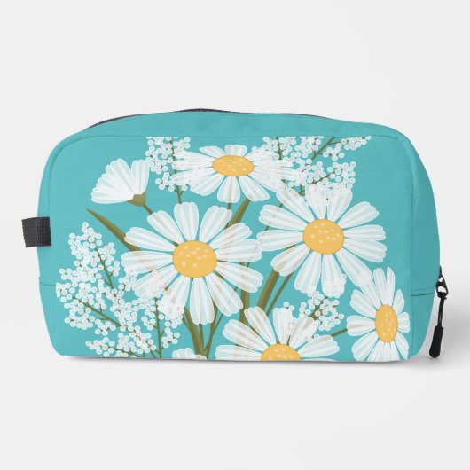 Elegant Floral White Daisies auf Aquamarin Waschbeutel (Vorderseite)