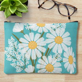 Elegant Floral White Daisies auf Aquamarin Zubehörtasche