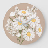 Elegant Floral White Daisies auf Beige Große Wanduhr (Vorderseite)