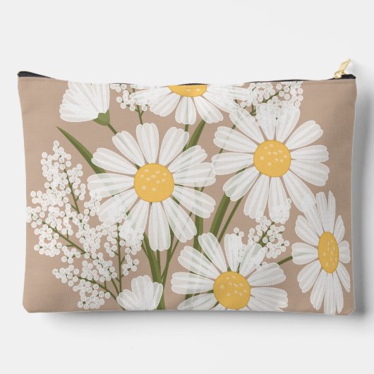 Elegant Floral White Daisies auf Beige Zubehörtasche (Rückseite)