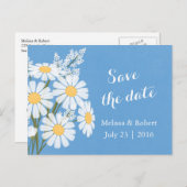 Elegant Floral White Daisies Blue Save the Date Ankündigungspostkarte (Vorne/Hinten)